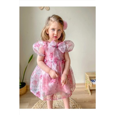 Little Honey Bunnies Pembe Balon Kol Fiyonklu Kısa Kol Kız Çocuk Organze Elbise T4920