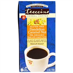 Teeccino, Травяной кофе, средней обжарки, одуванчик, карамель и орех без кофеина, 25 пакетиков, 5,3 унции (150г)