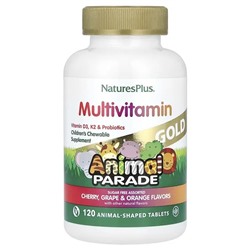 NaturesPlus, Animal Parade Gold, Children's Chewable Multivitamin Supplement, Cherry, Grape & Orange, 120 Animal-Shaped Tablets