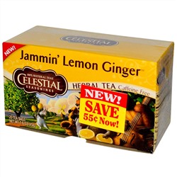 Celestial Seasonings, Травяной чай, Jammin, лимон и имбирь, без кофеина, 20 чайных пакетиков, 1,6 унции (45 гр)