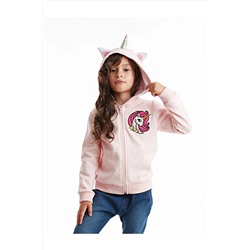 Denokids Unicorn Kapişonlu Pembe Kız Çocuk Fermuarlı Sweatshirt CFF-19K1-051