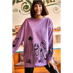 Olalook Kadın Lila Figürlü Oversize Sweatshirt SWT-19000452
