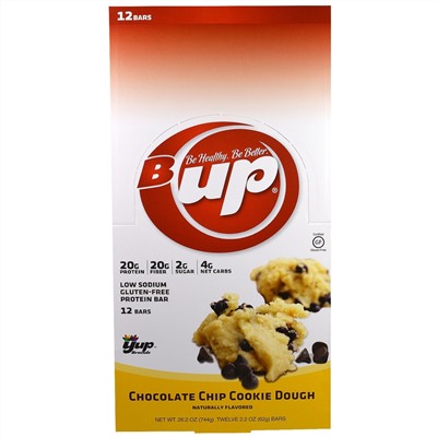 YUP, B Up протеиновый батончик, тесто для печенья с кусочками шоколада и , 12 батончиков , 2.2 унции(62 г) каждый