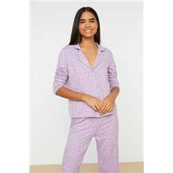 TRENDYOLMİLLA Lila Leopar Baskılı Biye Detaylı Gömlek-Pantolon Örme Pijama Takımı THMAW21PT0616