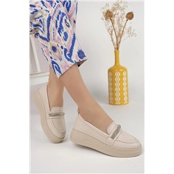 Muggo Garantili Kadın Loafer Oval Burunlu Kalın Taban Taşlı Günlük Makosen Ayakkabı LUCKY