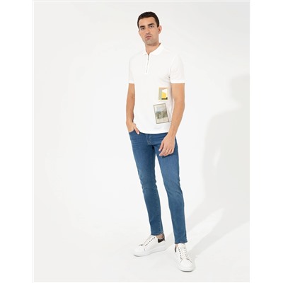 Ekru Slim Fit Fermuar Detaylı Polo Yaka Tişört