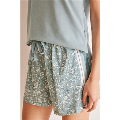 Pijama corto azul 100% algodón estampado flores