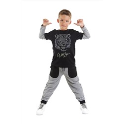 Mushi Wild Life Kaplan Erkek Çocuk Siyah T-shirt Gri Pantolon Takım MS-23S1-022