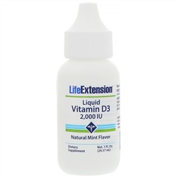 Life Extension, Жидкий витамин D3, натуральный мятный вкус, 2,000 МЕ, 1 жидкая унция (29,57 мл)