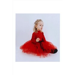 Şirin Şeyler Butiği Linda Kız Çocuk Prenses Kabarık Tütü Elbise Uzun Kol Puantiyeli Esnek Likralı Kırmızı Tüllü Yılbaşı 75P