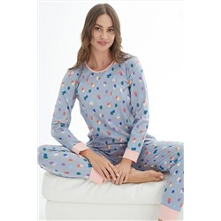 Siyah İnci renkli damla desenli Pamuklu Pijama Takımı 7688