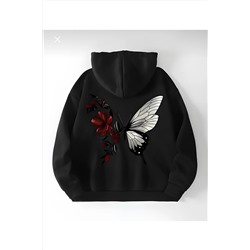 LOUİSA Oversize Kapşonlu Kırmızı Çiçekli Kelebek Baskılı Siyah Sweatshirt Beyazcicek11