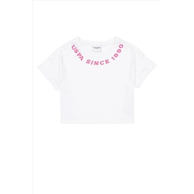 Kız Çocuk Beyaz Bisiklet Yaka Crop Tişört