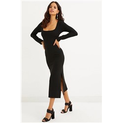 Cool & Sexy Kadın Siyah Kare Yaka Çift Yırtmaçlı Midi Elbise Yİ2360
