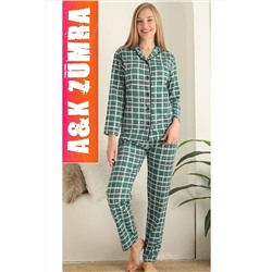 A&K ZÜMRA Kadın Ekose Desenli Gömlek Yaka Yazlık Pijama Takımı Yeşil z-byn-gömlek-yaka