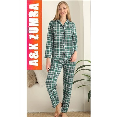 A&K ZÜMRA Kadın Ekose Desenli Gömlek Yaka Yazlık Pijama Takımı Yeşil z-byn-gömlek-yaka