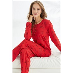 Siyah İnci kırmızı kedi desenli Pamuklu Pijama Takımı 7681