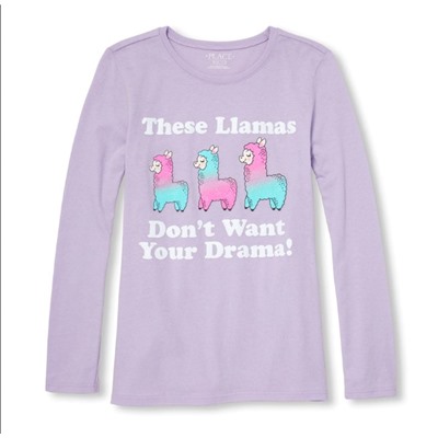 Girls Long Sleeve Glitter 'Don't Want Your Drama' Llamas Graphic Tee