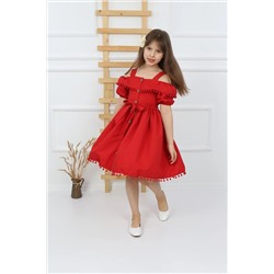 şımarık kids Kız Çocuk Kırmızı Ponponlu Krep Elbise 58000035