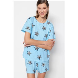 TRENDYOLMİLLA Mavi %100 Pamuk Yıldız Baskılı T-shirt-Şort Örme Pijama Takımı THMSS23PT00005