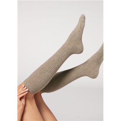 Lange gerippte Damensocken mit Wolle und Cashmere