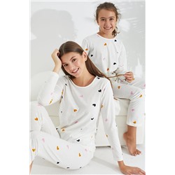 Siyah İnci beyaz renkli kalp desenli Pamuklu Pijama Takımı 7681