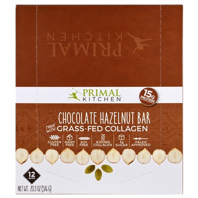 Primal Kitchen, Шоколад, лесной орех, коллаген с травами, 12 батончиков, 1,7 унции (48 г) каждый