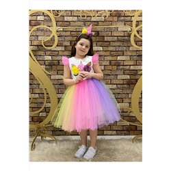 marvelous Kız Çocuk Renkli Doğum Günü Unicorn Kurdeleli Fermuarlı Elbise 664080067997