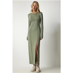 Happiness İstanbul Kadın Çağla Yeşili Yırtmaçlı Dikişli Uzun Viskon Elbise UB00181