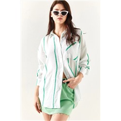 Olalook Kadın Beyaz Yeşil Çizgili Cepli Oversize Keten Gömlek GML-19001124
