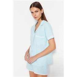 TRENDYOLMİLLA Açık Mavi Biyeli Pamuklu Gömlek-Şort Örme Pijama Takımı THMSS20PT0406