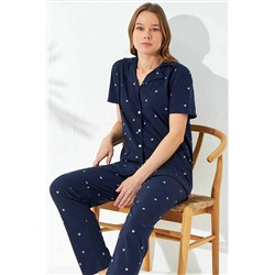 Siyah İnci Lacivert Puan Desen Kısa Kollu Pamuklu Düğmeli Pijama Takımı 7610
