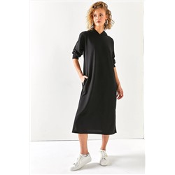 Olalook Kadın Siyah Kapüşonlu Yanı Yırtmaçlı Oversize Sweat Elbise ELB-19001969