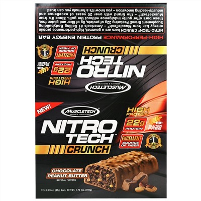 Muscletech, Nitro Tech Crunch Bars, Chocolate Peanut Butter,12-2.29 oz (65g), Net Wt 1.72 lbs
