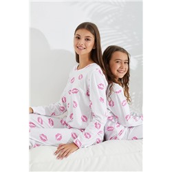 Siyah İnci beyaz dudak desenli Pamuklu Pijama Takımı 7694
