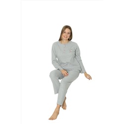BIES Kadın Açık Gri Kışlık Interlok Raporlu Kumaş Geniş Beden Büyük Anne Kalıp Uzun Kol Pijama Takımı RPR
