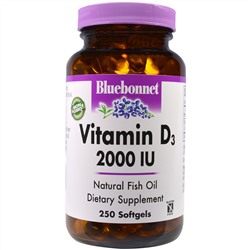 Bluebonnet Nutrition, Витамин D3, 2000 МЕ, 250 желатиновых капсул