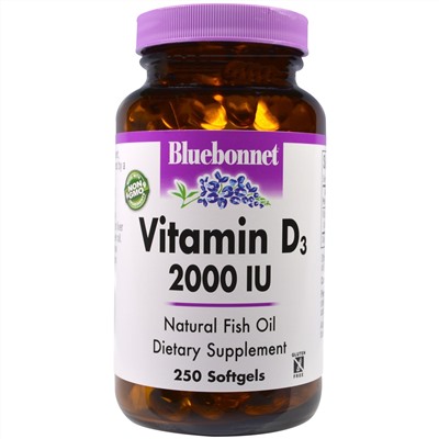 Bluebonnet Nutrition, Витамин D3, 2000 МЕ, 250 желатиновых капсул