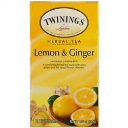 Twinings, Травяной чай, без кофеина, лимон и имбирь, 20 пакетиков, 1,32 унции (37,5 г)