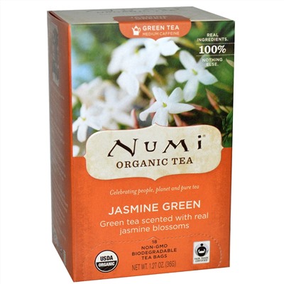 Numi Tea, Органический зеленый чай, среднее содержание кофеина, жасмин, 18 чайных пакетиков, 1,27 унции (36 г)