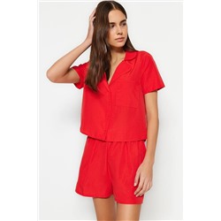 TRENDYOLMİLLA Koyu Kırmızı Terrycotton Gömlek-Şort Dokuma Pijama Takımı THMSS23PT00132