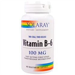 Solaray, Витамин B-6, 100 мг, 60 вегетарианских капсул