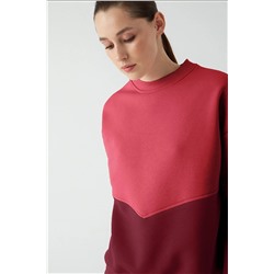Zomers Kadın Çift Renk Bordo 3 Iplik %100 Pamuk Oversize Sweatshirt MK-1616
