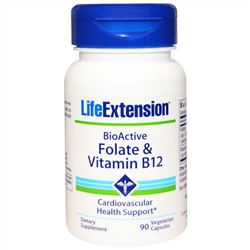 Life Extension, Биологически активный, фолат и витамин B12, 90 вегетарианских капсул