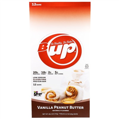 YUP, B Up, протеиновый батончик , ваниль и арахисовое масло, 12 батончиков , 2.2 унции(62 г) каждый