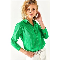 Olalook Kadın Çimen Yeşili Dikiş Detaylı Flamlı Keten Gömlek GML-19001144