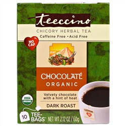 Teeccino, Травяной чай из цикория, сильной обжарки, без кофеина, шоколад, 10 чайных пакетиков, 60 г (2,12 унции)