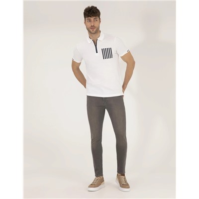 Beyaz Slim Fit Fermuarlı Polo Yaka Tişört