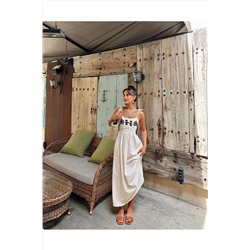 Lusin Kadın Nakış Detaylı Askılı Keten Elbise Ekru 5645