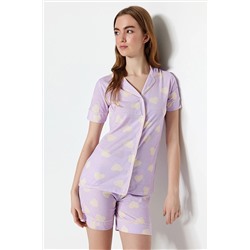 TRENDYOLMİLLA Lila Kalp Desenli Pamuklu Biye Detaylı Gömlek-Şort Örme Pijama Takımı THMSS21PT1200